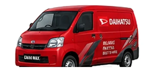 Daihatsu Gran Max Cargo in red with custom van vinyl graphics, front three-quarter view.