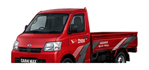 Daihatsu Gran Max Pick-up in red with custom van vinyl graphics, front three-quarter view.