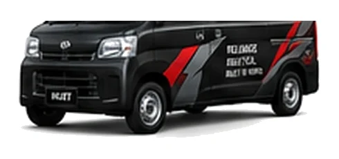 Daihatsu Hijet Cargo in black with custom van vinyl graphics, front three-quarter view.
