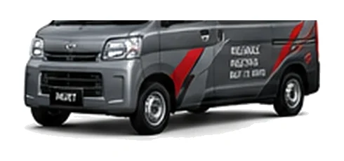 Daihatsu Hijet Cargo in grey with custom van vinyl graphics, front three-quarter view.