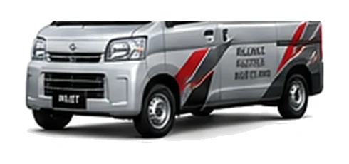 Daihatsu Hijet Cargo in silver with custom van vinyl graphics, front three-quarter view.