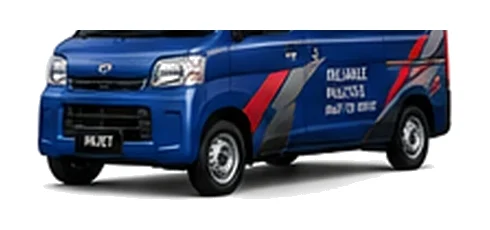 Daihatsu Hijet Cargo in blue with custom van vinyl graphics, front three-quarter view.