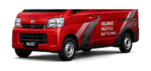 Daihatsu Hijet Cargo in red with custom van vinyl graphics, front three-quarter view.