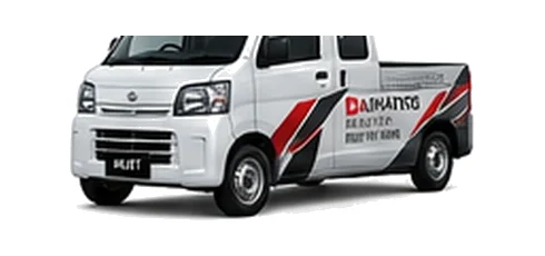 Daihatsu Hijet Deck Van in white with custom van vinyl graphics, front three-quarter view.