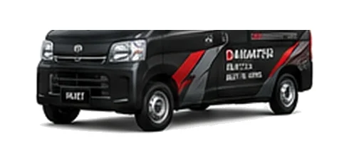 Daihatsu Hijet Deck Van in black with custom van vinyl graphics, front three-quarter view.