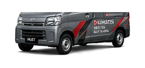 Daihatsu Hijet Deck Van in grey with custom van vinyl graphics, front three-quarter view.