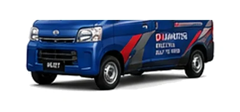 Daihatsu Hijet Deck Van in blue with custom van vinyl graphics, front three-quarter view.