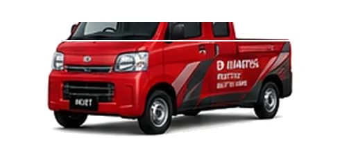 Daihatsu Hijet Deck Van in red with custom van vinyl graphics, front three-quarter view.