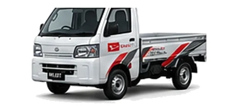 Daihatsu Hijet Truck in white with custom van vinyl graphics, front three-quarter view.