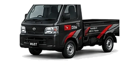 Daihatsu Hijet Truck in black with custom van vinyl graphics, front three-quarter view.