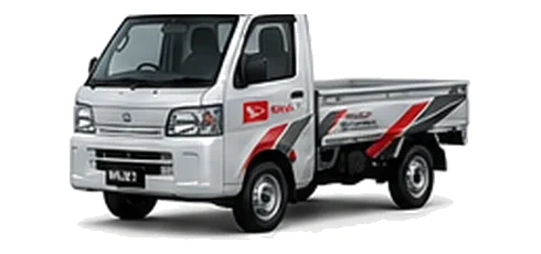 Daihatsu Hijet Truck in silver with custom van vinyl graphics, front three-quarter view.