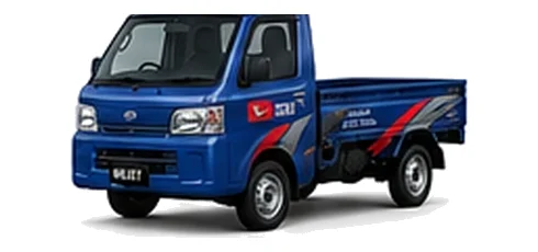 Daihatsu Hijet Truck in blue with custom van vinyl graphics, front three-quarter view.