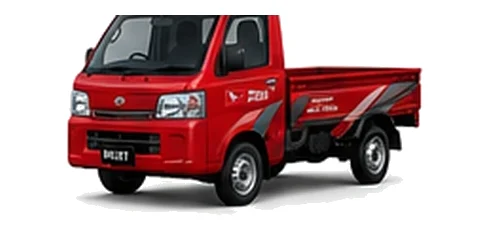 Daihatsu Hijet Truck in red with custom van vinyl graphics, front three-quarter view.
