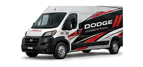 Dodge ProMaster Cargo in white with custom van vinyl graphics, front three-quarter view.