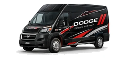 Dodge ProMaster Cargo in black with custom van vinyl graphics, front three-quarter view.