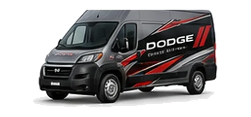 Dodge ProMaster Cargo in grey with custom van vinyl graphics, front three-quarter view.
