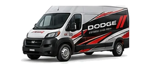 Dodge ProMaster Cargo in silver with custom van vinyl graphics, front three-quarter view.