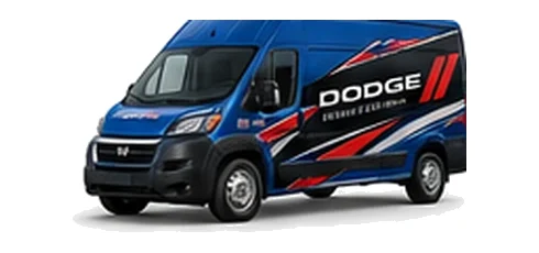 Dodge ProMaster Cargo in blue with custom van vinyl graphics, front three-quarter view.