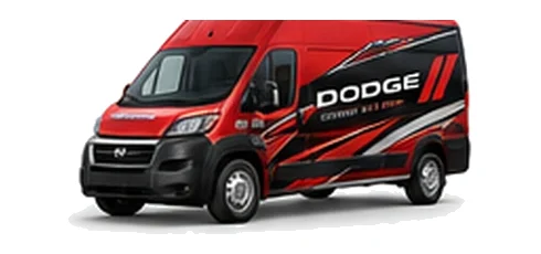 Dodge ProMaster Cargo in red with custom van vinyl graphics, front three-quarter view.
