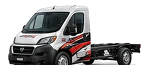 Dodge ProMaster Chassis Cab in white with custom van vinyl graphics, front three-quarter view.