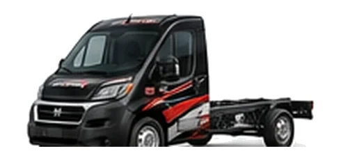 Dodge ProMaster Chassis Cab in black with custom van vinyl graphics, front three-quarter view.