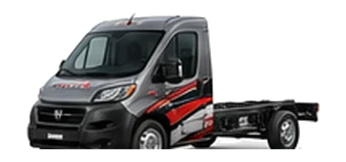 Dodge ProMaster Chassis Cab in grey with custom van vinyl graphics, front three-quarter view.