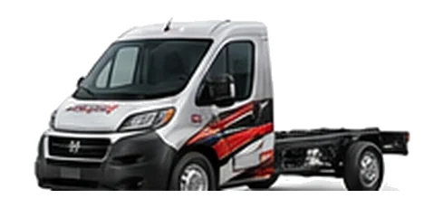 Dodge ProMaster Chassis Cab in silver with custom van vinyl graphics, front three-quarter view.