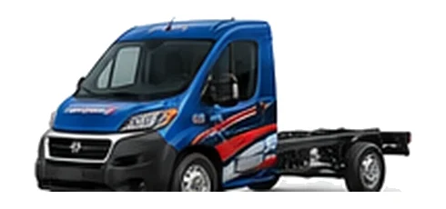 Dodge ProMaster Chassis Cab in blue with custom van vinyl graphics, front three-quarter view.