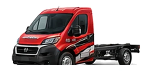 Dodge ProMaster Chassis Cab in red with custom van vinyl graphics, front three-quarter view.