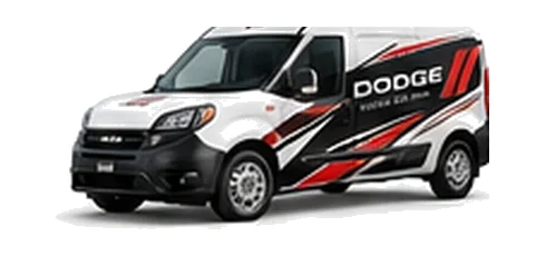 Dodge ProMaster City in white with custom van vinyl graphics, front three-quarter view.