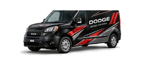Dodge ProMaster City in black with custom van vinyl graphics, front three-quarter view.