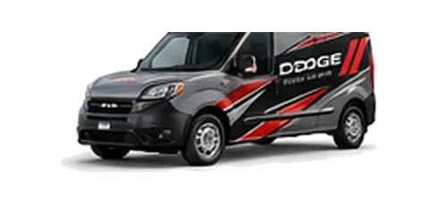 Dodge ProMaster City in grey with custom van vinyl graphics, front three-quarter view.