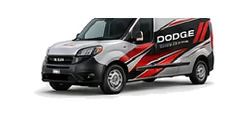 Dodge ProMaster City in silver with custom van vinyl graphics, front three-quarter view.