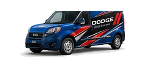 Dodge ProMaster City in blue with custom van vinyl graphics, front three-quarter view.