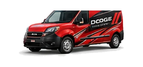 Dodge ProMaster City in red with custom van vinyl graphics, front three-quarter view.