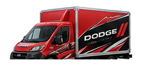 Dodge ProMaster Cutaway in red with custom van vinyl graphics, front three-quarter view.