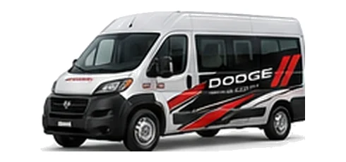 Dodge ProMaster Window Van in white with custom van vinyl graphics, front three-quarter view.