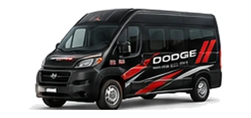 Dodge ProMaster Window Van in black with custom van vinyl graphics, front three-quarter view.