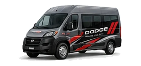 Dodge ProMaster Window Van in grey with custom van vinyl graphics, front three-quarter view.