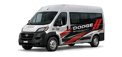 Dodge ProMaster Window Van in silver with custom van vinyl graphics, front three-quarter view.