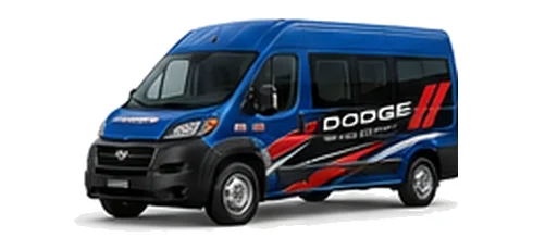 Dodge ProMaster Window Van in blue with custom van vinyl graphics, front three-quarter view.