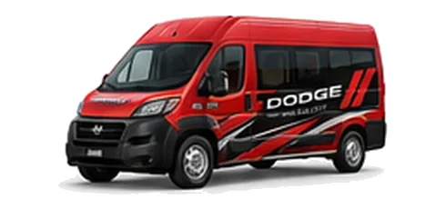 Dodge ProMaster Window Van in red with custom van vinyl graphics, front three-quarter view.