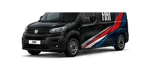 Fiat Doblo in black with custom van vinyl graphics, front three-quarter view.