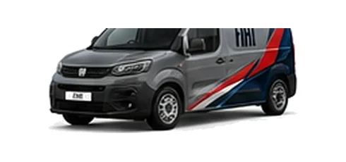 Fiat Doblo in grey with custom van vinyl graphics, front three-quarter view.