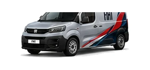Fiat Doblo in silver with custom van vinyl graphics, front three-quarter view.
