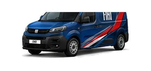 Fiat Doblo in blue with custom van vinyl graphics, front three-quarter view.