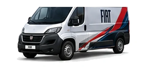 Fiat Ducato in white with custom van vinyl graphics, front three-quarter view.