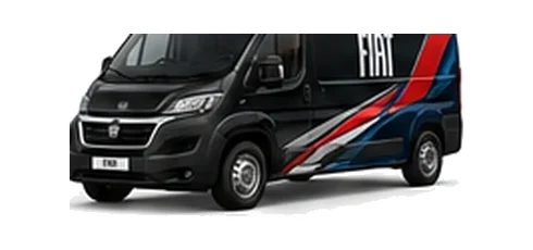 Fiat Ducato in black with custom van vinyl graphics, front three-quarter view.