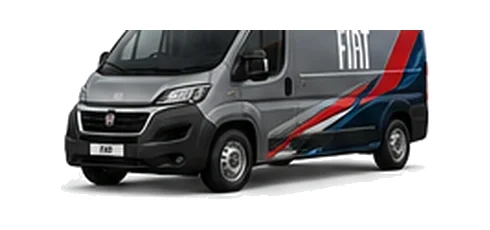 Fiat Ducato in grey with custom van vinyl graphics, front three-quarter view.