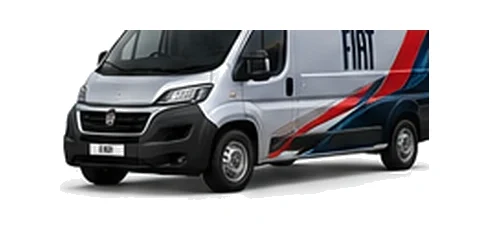 Fiat Ducato in silver with custom van vinyl graphics, front three-quarter view.